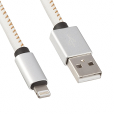 USB Дата-кабель для Apple Lightning 8-pin в кожаной оплетке (белый/коробка) 