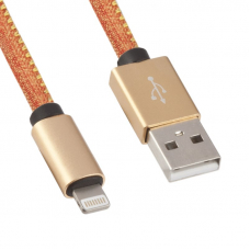 USB Дата-кабель для Apple Lightning 8-pin в джинсовой оплетке (оранжевый/коробка) 