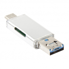 OTG 3 в 1 USB/USB Type-C/Micro USB на Micro SD картридер (серебро/коробка)