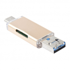 OTG 3 в 1 USB/USB Type-C/Micro USB на Micro SD картридер (золотой/коробка)