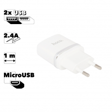 СЗУ HOCO C12 Smart 2xUSB, 2.4А + USB кабель MicroUSB, 1м (белый)