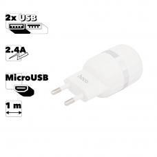 СЗУ HOCO C41A Wisdom 2xUSB, 2.4А + USB кабель MicroUSB, 1м (белый)