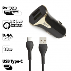 АЗУ HOCO Z31 Universe 2xUSB, 3.4А, 18W, QC3.0 + USB кабель Type-C, 1м (черный)