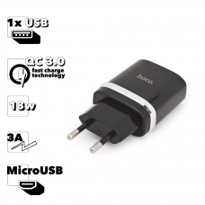 СЗУ HOCO C12Q Smart 1xUSB, 3А, 18W, QC3.0, LED + USB кабель MicroUSB, 1м (черный)