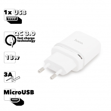 СЗУ HOCO C12Q Smart 1xUSB, 3А, 18W, QC3.0, LED + USB кабель MicroUSB, 1м (белый)