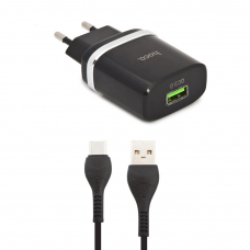 СЗУ HOCO C12Q Smart 1xUSB, 3А, 18W, QC3.0, LED + USB кабель Type-C, 1м (черный)