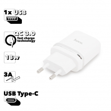 СЗУ HOCO C12Q Smart 1xUSB, 3А, 18W, QC3.0, LED + USB кабель Type-C, 1м (белый)