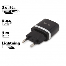 СЗУ HOCO C12 Smart 2xUSB, 2.4А + USB кабель Lightning 8-pin, 1м (черный)