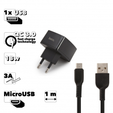 СЗУ HOCO C70A Cutting-Edge 1xUSB, 3А, 18W, QC3.0 + USB кабель MicroUSB, 1м (черный)