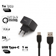 СЗУ HOCO C70A Cutting-Edge 1xUSB, 3А, 18W, QC3.0 + USB кабель Type-C, 1м (черный)