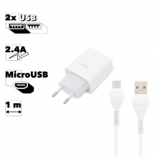 СЗУ HOCO C73A Glorious 2xUSB, 2.4А + USB кабель MicroUSB, 1м (белый)