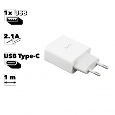 СЗУ HOCO C81A Asombroso 1xUSB, 2.1А + USB кабель Type-C, 1м (белый)