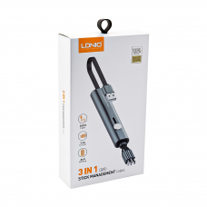 USB кабель LDNIO LC99 Lightning 8-pin/MicroUSB/Type-C, 3.4А, 3в1, кейс с фиксатором, 0.3м, TPE (черный)