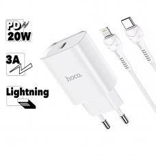 СЗУ HOCO N14 1xUSB-C, 3А, PD20W + USB-C кабель Lightning 8-pin, 1м (белый)