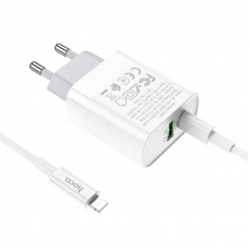 СЗУ HOCO C80A Rapido 1xUSB, 1xUSB-C, 3А, PD20W, QC3.0 + USB-C кабель Lightning 8-pin, 1м (белый)