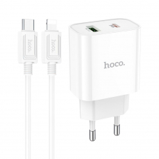СЗУ HOCO C80A Plus Rapido 1xUSB, 1xUSB-C, 3А, PD20W, QC3.0 + USB-C кабель Lightning 8-pin, 1м (белый