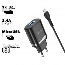 СЗУ HOCO N1 Ardent 1xUSB, 2.4А, LED + USB кабель MicroUSB, 1м (черный)