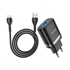 СЗУ HOCO N1 Ardent 1xUSB, 2.4А, LED + USB кабель Type-C, 1м (черный)