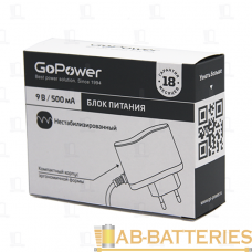 Блок питания GoPower 500mA 9V 5,5x2,1/12мм нестабилизированный отрицательная полярность (1/100) Блок питания GoPower 500mA 9V 5,5x2,1/12мм нестабилизированный отрицательная полярность (1/100)